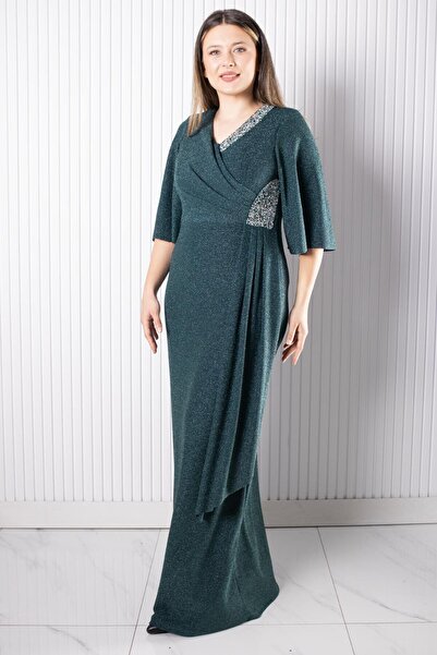 DENİMİNİ Kısa Kol V Yaka Taş Aksesuarlı Simli Abiye DNM2541