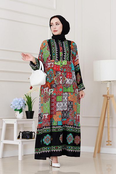 Sevitli Half Button Robe Patch Pattern Dress-Black