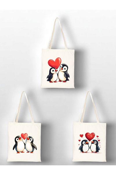 lili hediyelik Penguin and Heart Printed Cloth Bag 3-Piece Shoulder Bag - Women's Shoulder Bag