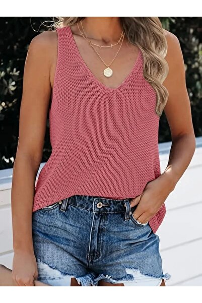 HobiDünyasıElif Γυναικεία Πλεκτή Μπλούζα με Χοντρό λαιμόκοψη V με λαιμόκοψη