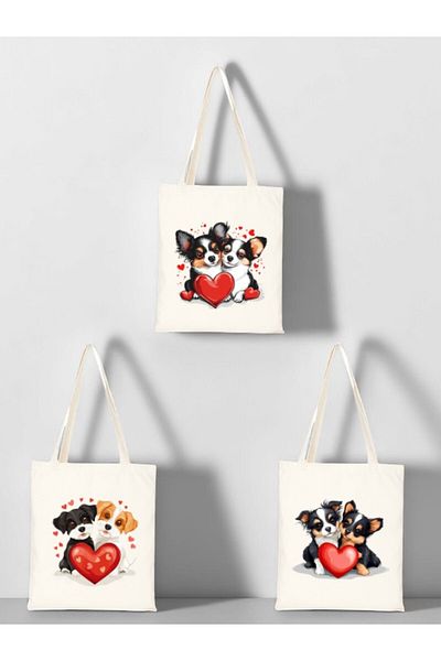 lili hediyelik Heart and Dog Printed Cloth Bag 3-Piece Shoulder Bag - Birthday Gift for Women