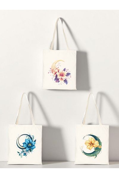 lili hediyelik Flower and Moon Printed Cloth Bag 3-Piece Shoulder Bag - Birthday Gift for Women Gift Product Item