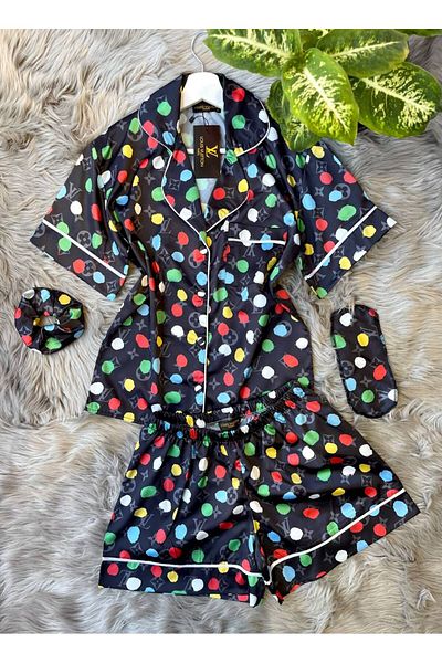 saviniboutique SAVİNİ Set de pijamale pentru femei Victoria din satin cu nasturi în față și model floral