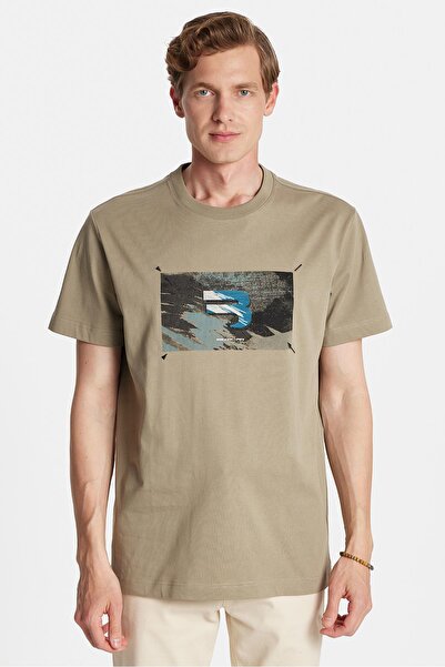 Tudors Relax Fit Relaxed Fit Cotton Front Print and Embroidery Detail Crew Neck Khaki Men's T-Shirt