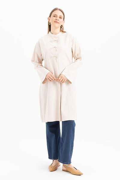 ALLDAY Stone-Half Patched Tie-Up Linen Tunic