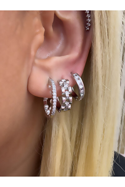 Hicrans Takı İNCİ DETAYLI HALKA MODEL ÜÇLÜ SET ÇELİK KÜPE