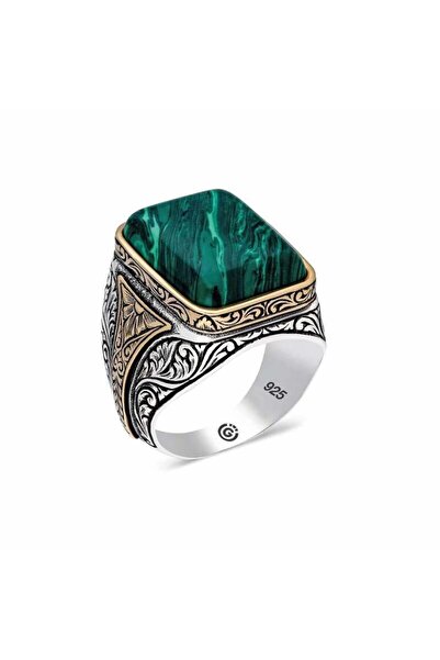 playzone خاتم رجالي مربع الشكل من نيدام بوتيك مزين بحجر المالاكيت الفضي