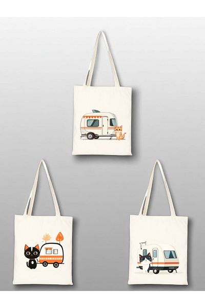 lili hediyelik Cat and Caravan Printed Cloth Bag 3-Piece Shoulder Bag - Birthday Gift for Women Gift Product