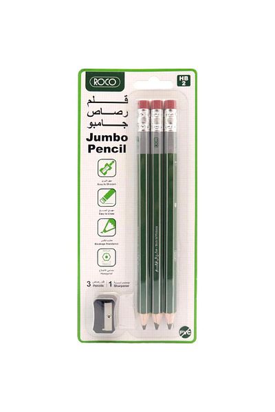 Roco Hexagonal Green Jumbo Barrel Pencils with Erasers – Standard, 4-Piece Set