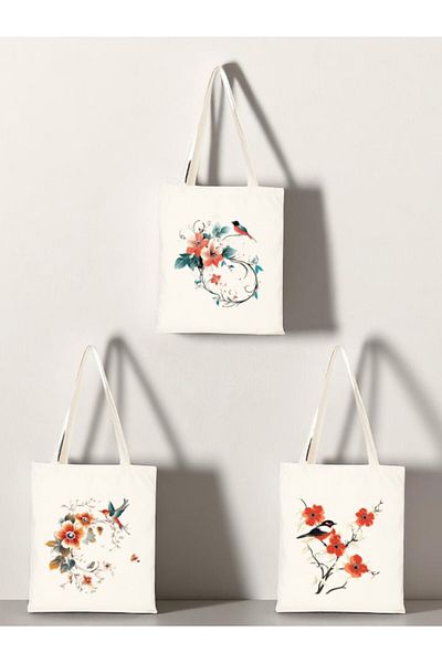 lili hediyelik Flower and Bird Printed Cloth Bag 3-Piece Shoulder Bag - Birthday Gift for Women Gift Product Goods