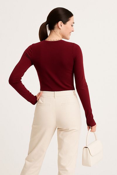 ParlaMira Women's Burgundy Finger Snap Long Sleeve Crew Neck Lycra Bodysuit