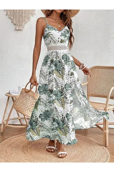 Elaxi Rochie maxi din jerseu cu decolteu în V pentru femei, cu curea de frânghie, cu model de flori, cu fantă laterală