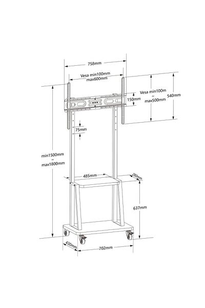 Techly Mobile TV stand on wheels, shelf for multimedia devices, 32 - 70 inch, adjustable
