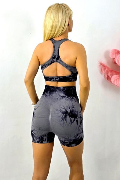 FashionForYou Zamir Fitness Set, Top, Padded Cups And Short Push Up Tights, Grey-black, S/m
