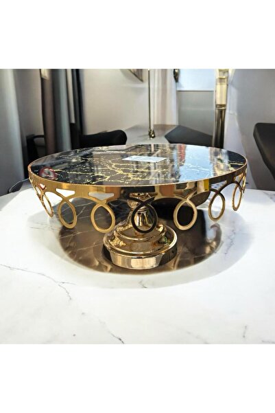 Peramari Dekoratif Krom Cam Mermer Desenli Yuvarlak Pasta Sunum Tepsisi Gold 1