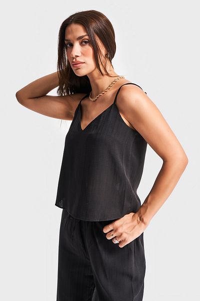 its basic Women's Black Color S5-1 Relaxed Cut Summer Fabric Pants Bustier 2-Piece Combination
