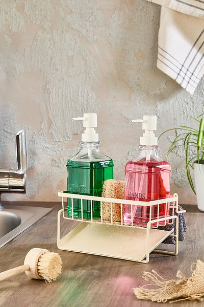 Kitchen Life Set de 2 vase de săpun din sticlă cu compartiment metalic pentru curățarea apei și suport pentru burete - dozator de detergent pe blat
