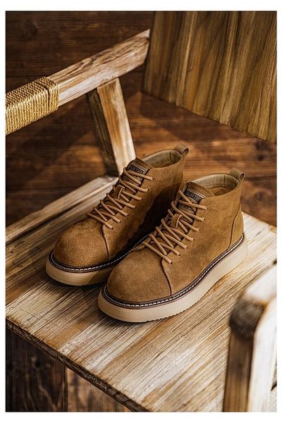 AyShop Cizme de model scurt din piele intoarsa cu talpa groasa antiderapante sezoniera pentru barbati