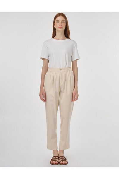 Kayra Elastic Waist Pipe Leg Trousers Ecru