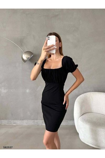 Modafeminen Collar Gipeli Sleeve Gathered Scuba Crepe Fabric Dress Black 582537