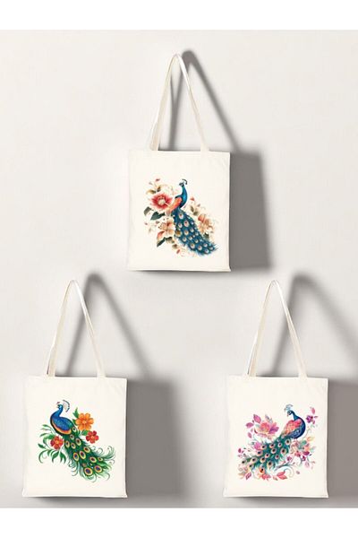 lili hediyelik Flower and Peacock Printed Cloth Bag 3-Piece Shoulder Bag - Birthday Gift for Women Gift Product