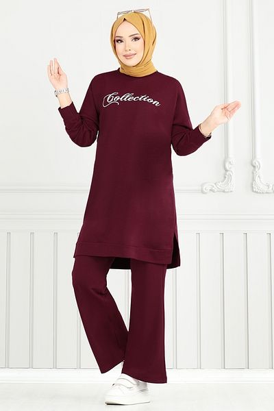 ModaMerve Text Printed Hijab Suit 4107Pm1063-M Claret Red