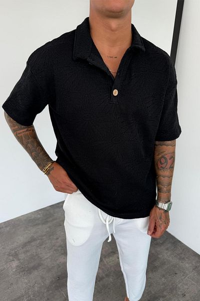 MADZEYMODA Ανδρικό μπλουζάκι μαύρο πλεκτό με άνετο γιακά KE-7017