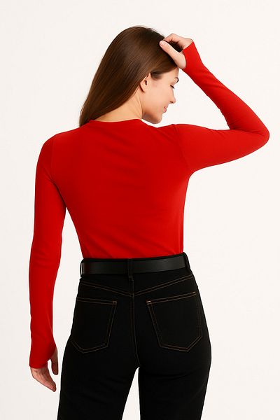 ParlaMira Women's Red Finger Snap Long Sleeve Crew Neck Lycra Bodysuit