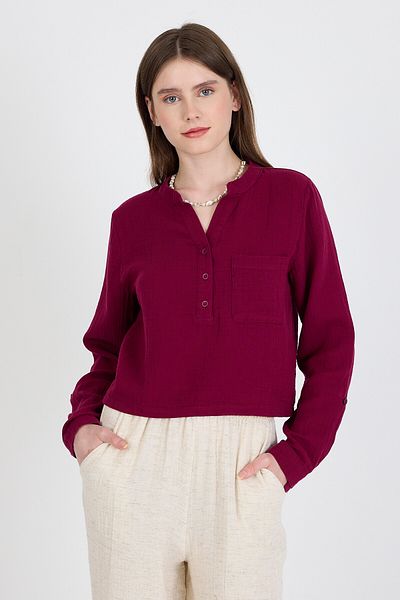 Rays Cămașă crop cu guler dominator, 100% bumbac, roșu Claret 4702A