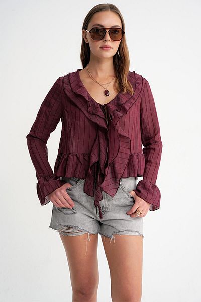 Mixray 4710 Women's Flounced Transparent Bolero Blouse Burgundy