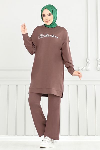 ModaMerve Text Printed Hijab Suit 4107Pm1063-M Light Brown