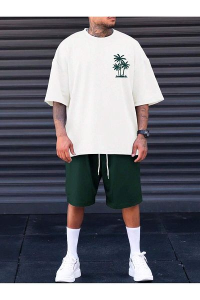 LUNAVISTA Beach Tree Pattern Short-Sleeved T-Shirt and Lace-Up Waist Shorts Are Suitable for Outdoor Use