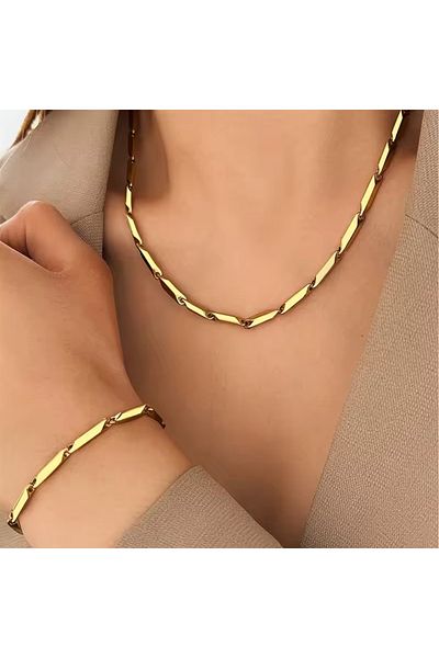 Satürn Silver Kuyumculuk Steel Bowler Chain Men's Necklace and Bracelet Set Tarnish Free Steel Necklace Steel Chain Necklace Yellow