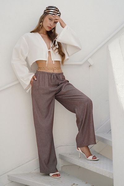 Black Fashion Thin Belted Lace Detail Brown Trousers