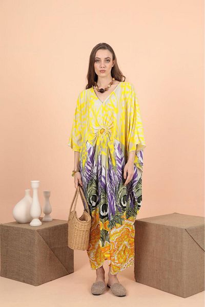 EL jadida Women's Plus Size Oversize Ring Detailed Viscose Long Dress Yellow