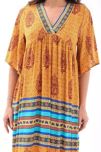 kalben outlet Ethnic Pattern V Neck Short Sleeve Relaxed Fit Women's Dress