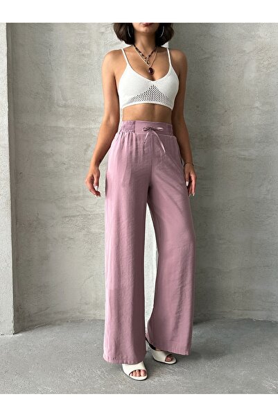 Miss Prova Wide Leg Draped Summer Pants with Waist Tie and Waist Elastic Misspnt2659