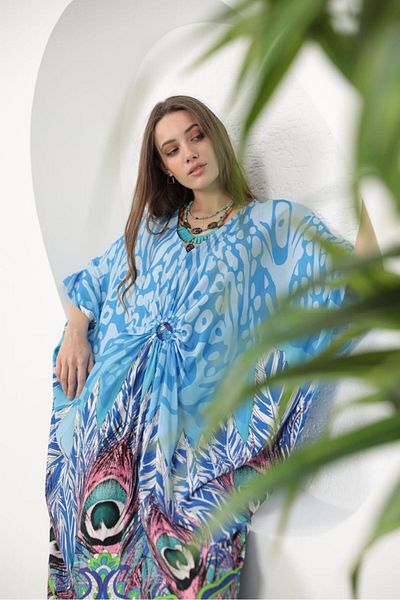 EL jadida Women's Plus Size Oversize Ring Detailed Viscose Long Dress Blue