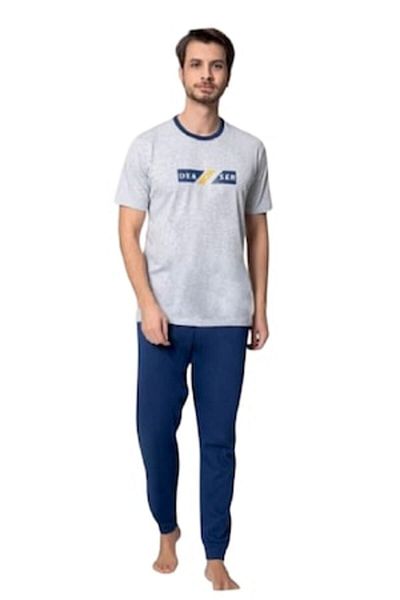 pamuklu Pijamale bărbătești, bumbac, pantaloni lungi, cămașă cu mânecă scurtă, bleumarin și gri, mărimea 2XL