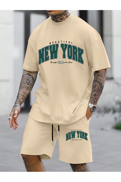 PENTHİLUS Plus Size Men's Round Neck Short Sleeve Letter Printed T-Shirt Lace-Up Waist Loose Shorts