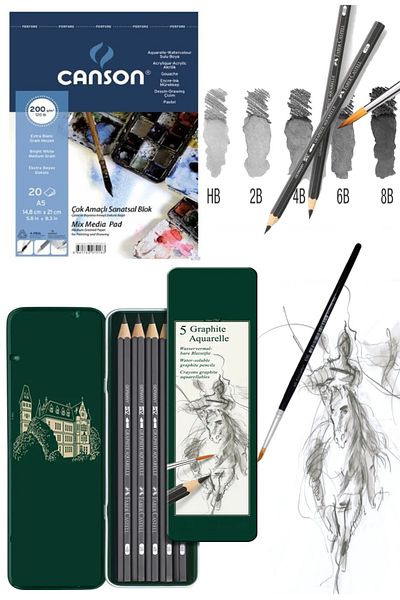 GLANCE Multi-Purpose Artistic Block Mix Media Pad 200Gr A5 20 Sheets Aquarell Drawing Pen Set of 5 Metal Box