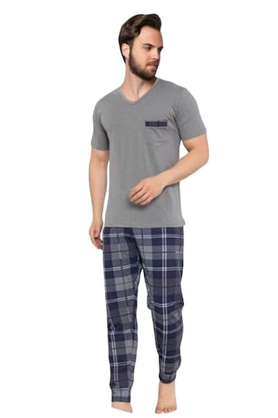 pamuklu Men's Pajamas, Cotton, Long Pants, Short Sleeve Shirt, Grey, 2XL