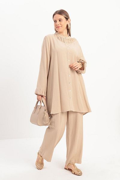 ALLDAY Beige-Gather Detailed Large Size Linen Trousers Suit