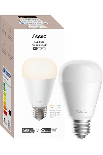 Aqara T2 LED Bulb (E27, CCT), Thread/Zigbee, Dimmable White, 2700K-6500K, 75W Equivalent, Matter, Sm