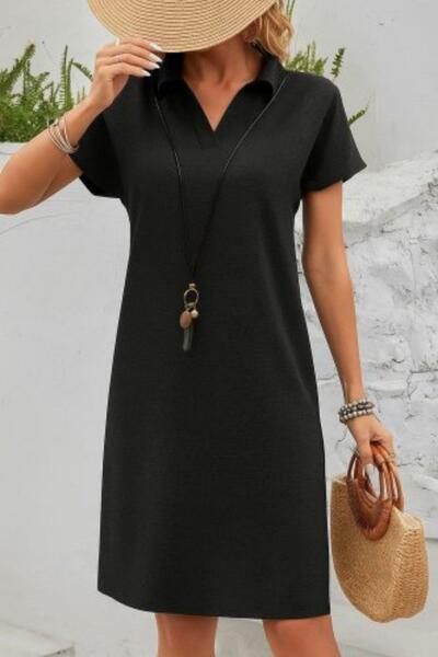 Mossta Short Sleeve Polo Neck Wrap Dress - Black