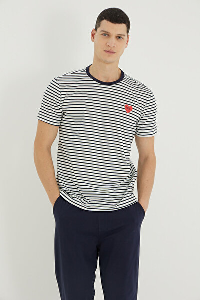 İPEKTENİM Смугастий міні-серцевий принт з бією Деталізований чоловічий комплект піжами для пари