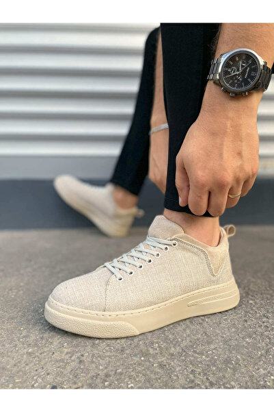 Joy Ayakkabı Jy204 Flex Lace-Up Linen Fabric Men's Casual Sneaker Shoes Kkt - Cream