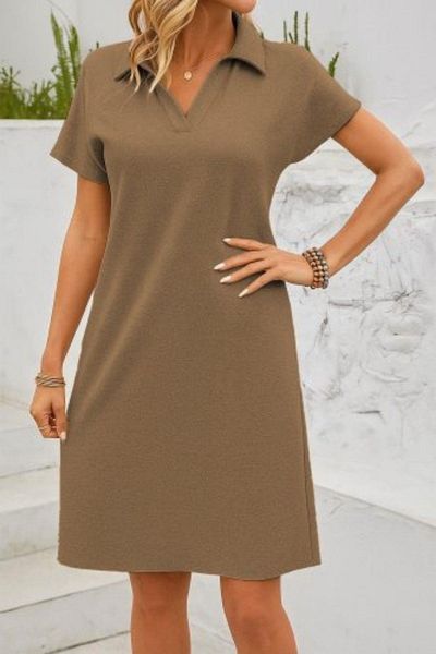 Mossta Short Sleeve Polo Neck Wrap Dress - Beige