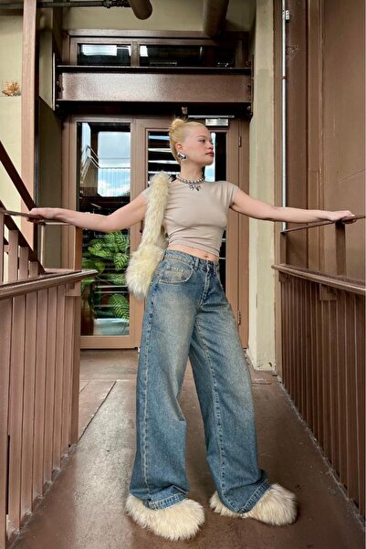 bases. Női sötétkék fakult hatású táskás farmernadrág