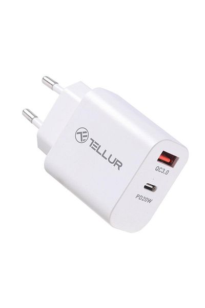 TELLUR Tellur PDHC101 mains charger, 1 x USB-A, 1 x USB Type-C, PD 20W + QC 3.0 18W (White)
